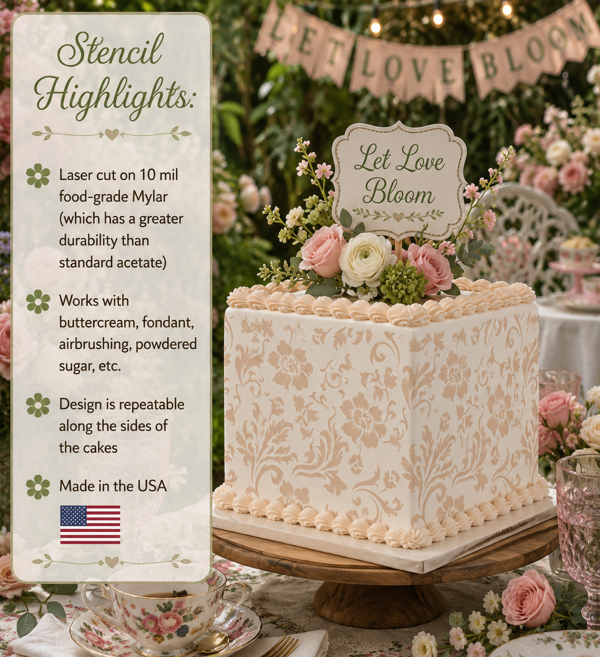 Highlights for the chic rose cake stencil