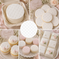 Collage of white and pink pastries with decorative quilted cake pattern on a neutral background.