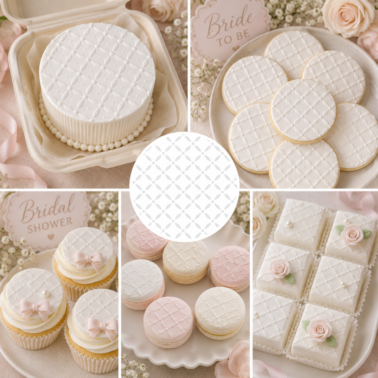Collage of white and pink pastries with decorative quilted cake pattern on a neutral background.