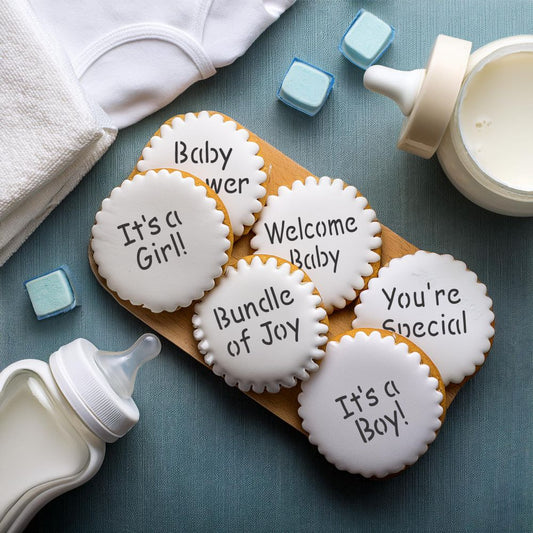 Cookies decorated with the Baby Messages Round Cookie Stencil Sets by Designer Stencils