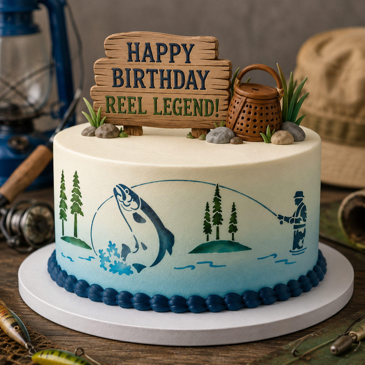 Birthday cake with fishing theme and 'Happy Birthday Reel Legend!' sign