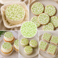 Collage of various baked goods with green floral patterns on a neutral background