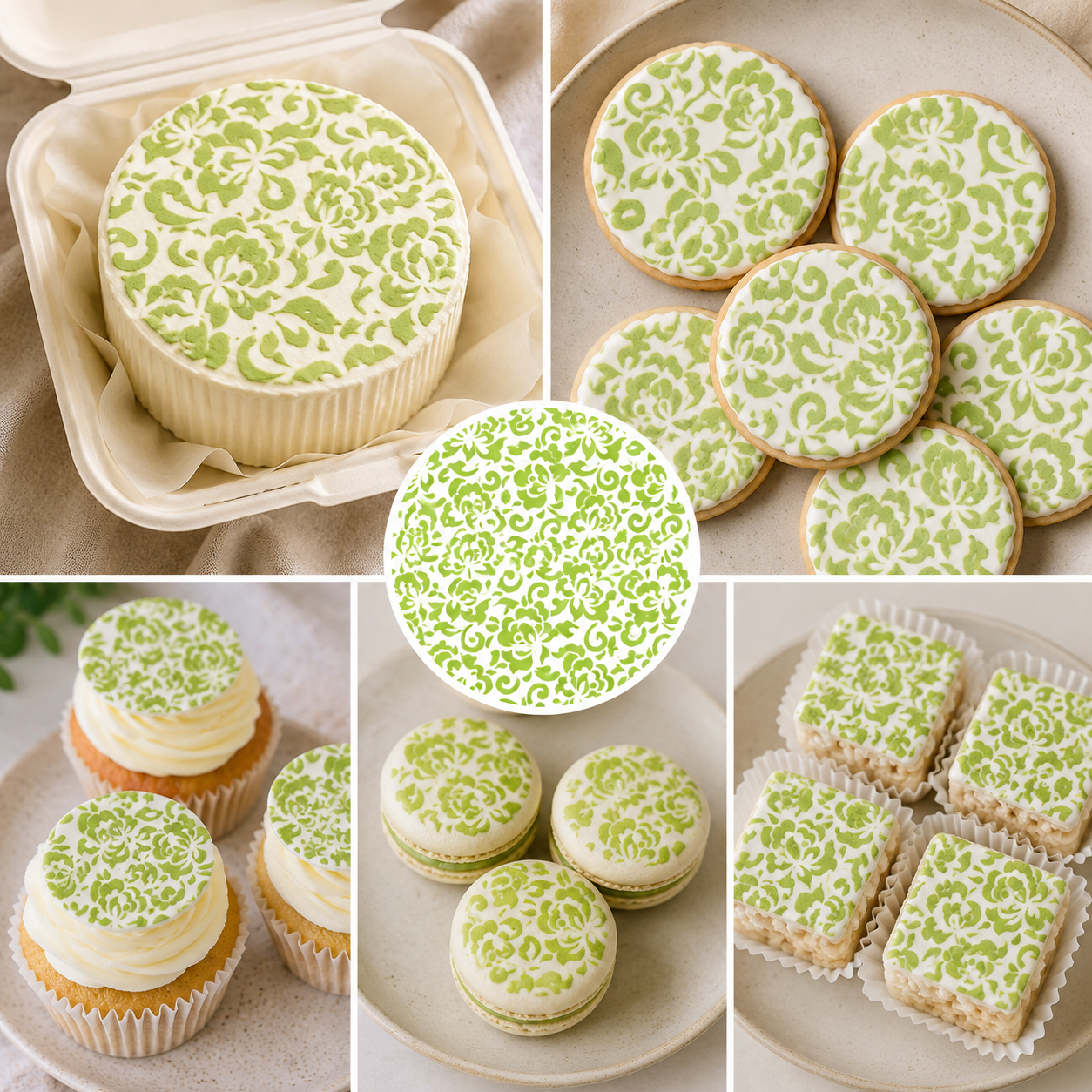 Collage of various baked goods with green floral patterns on a neutral background