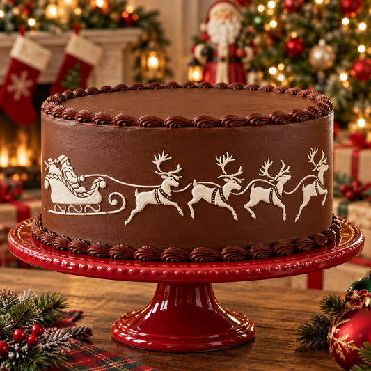 A round chocolate cake with white icing designs of Santa in a sleigh and reindeer, displayed on a red pedestal cake stand in a festive holiday setting with stockings, lights, and ornaments in the background.