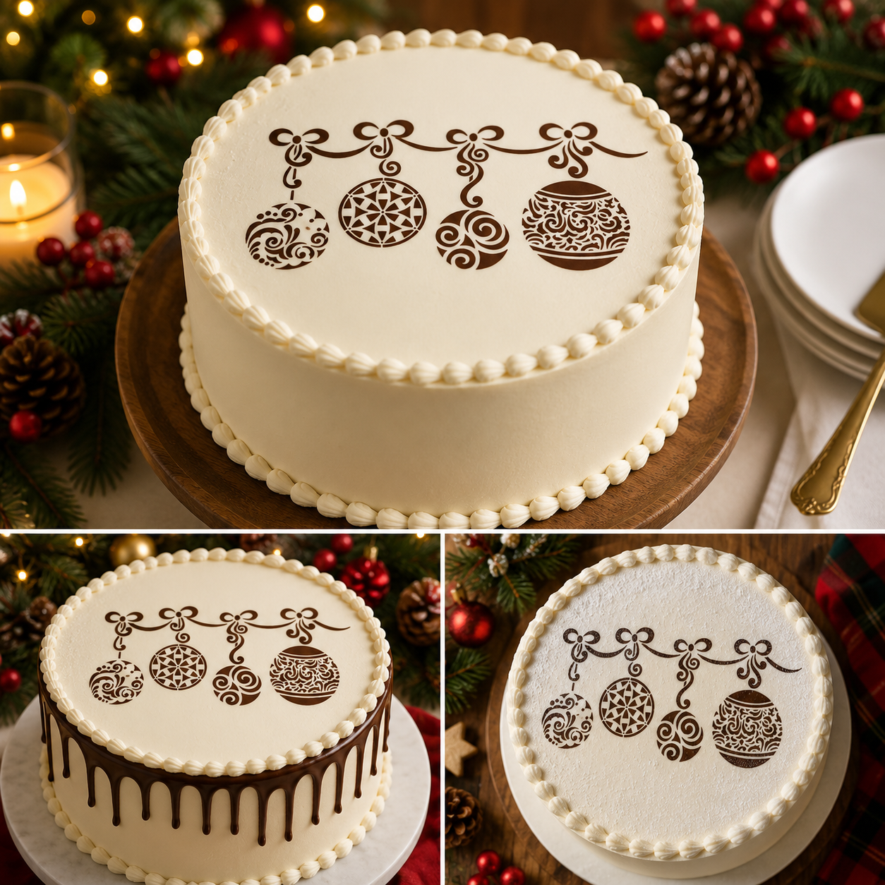 christmas ornament stenciled on top of a cake
