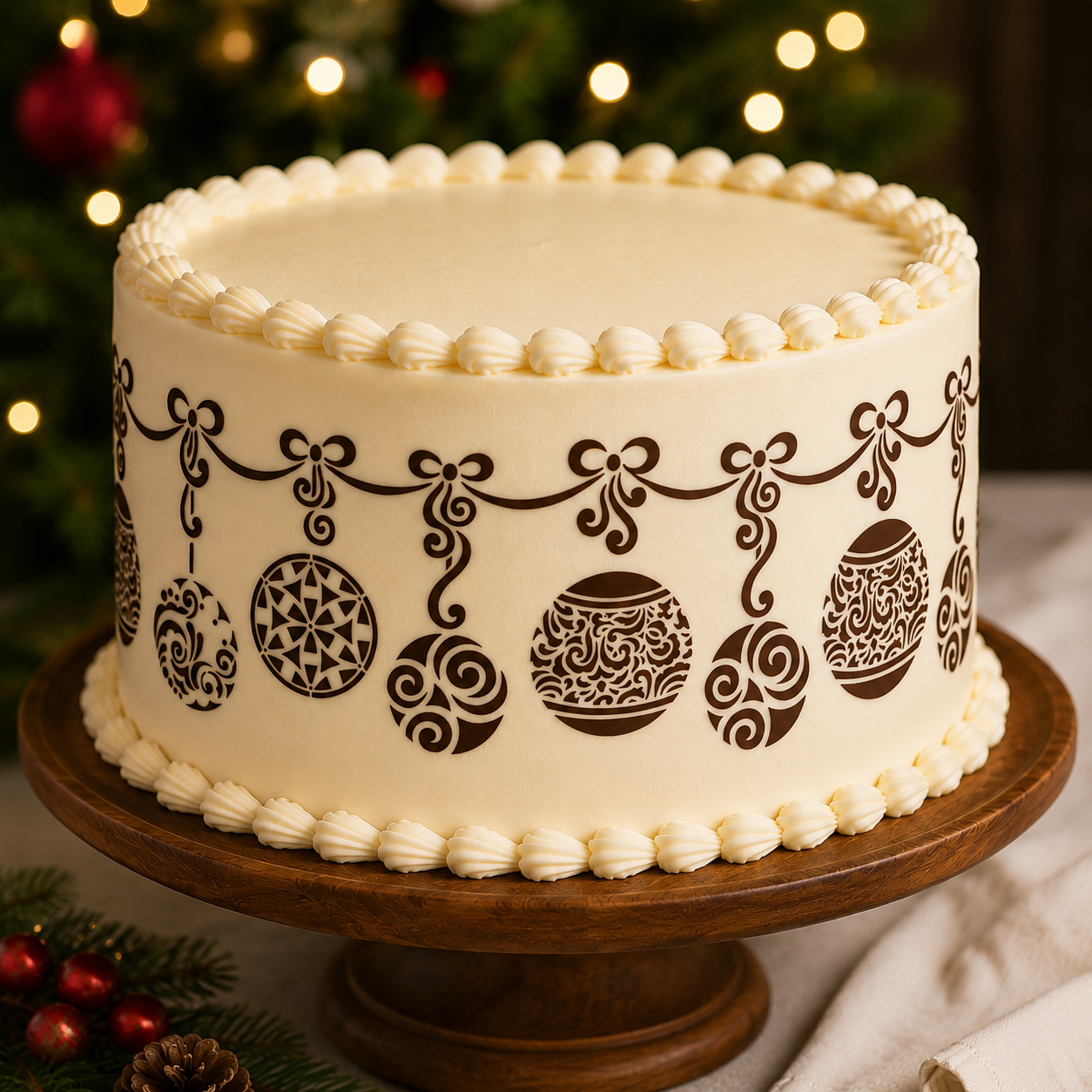 Christmas ornament cake stencil applied to the side of a holiday cake