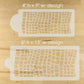 Two stencils with grid patterns on a wooden surface, showing dimensions.