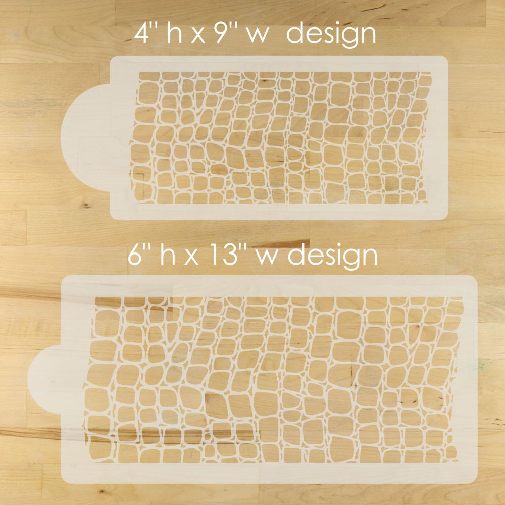 Two stencils with grid patterns on a wooden surface, showing dimensions.