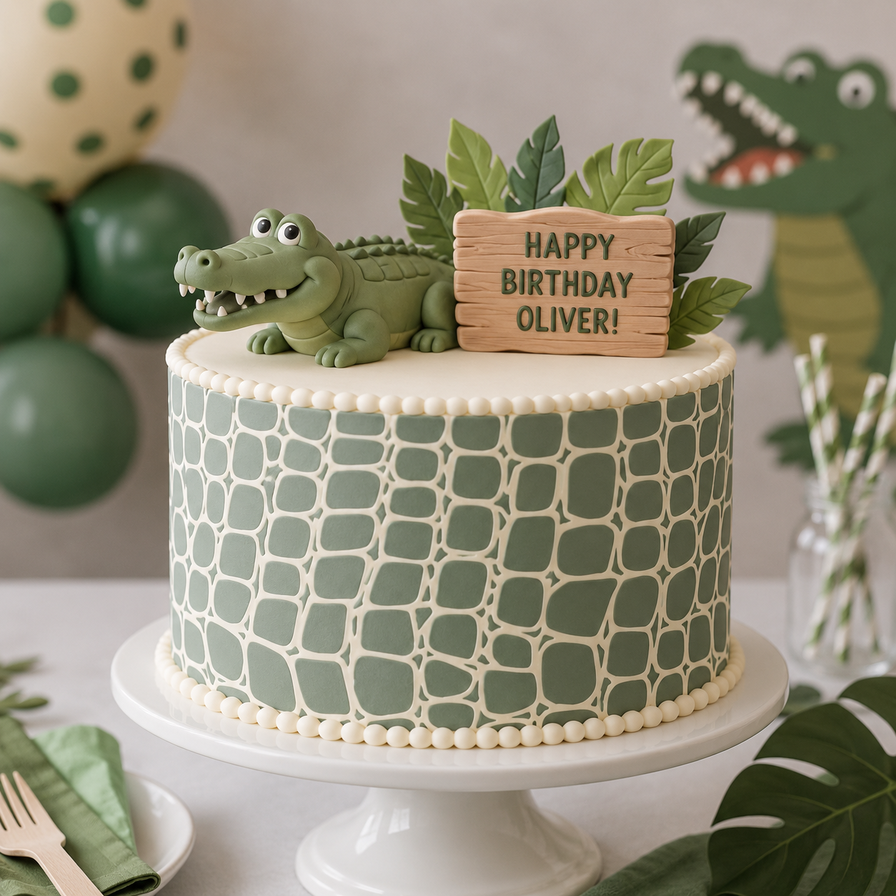 Green birthday cake with alligator decoration and 'Happy Birthday Oliver!' sign, surrounded by green balloons and decor.