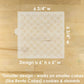 Stencil with geometric design on a wooden surface, showing dimensions and usage notes.