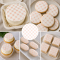 Collage of various baked goods with decorative white icing patterns.