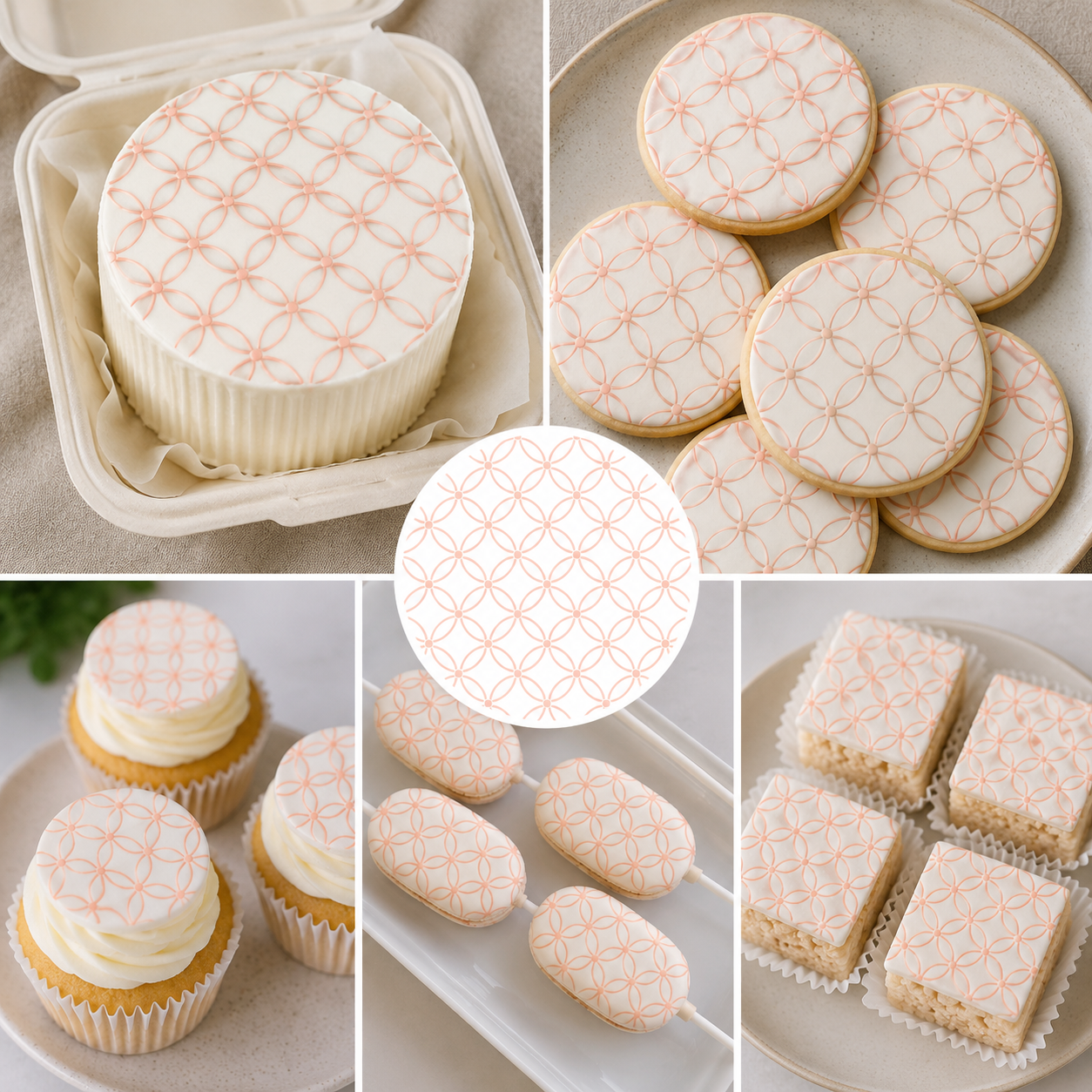 Collage of various baked goods with decorative white icing patterns.