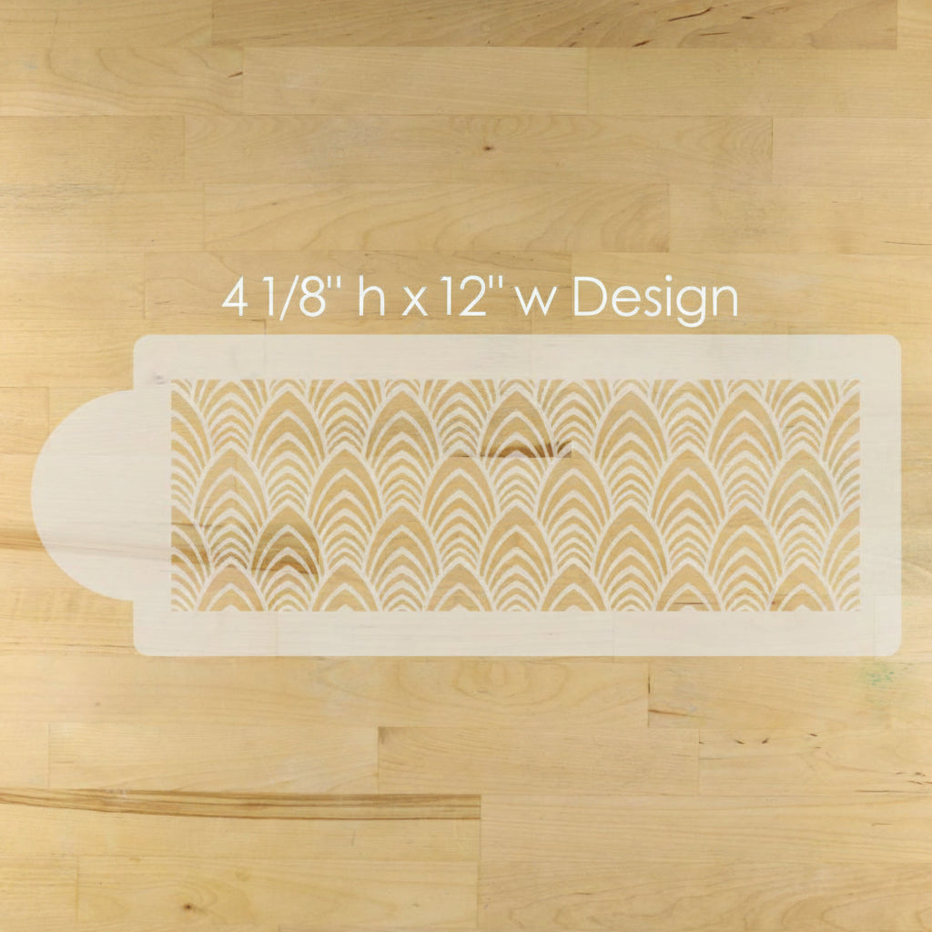 Rectangular cutting board with a geometric pattern on a wooden surface
