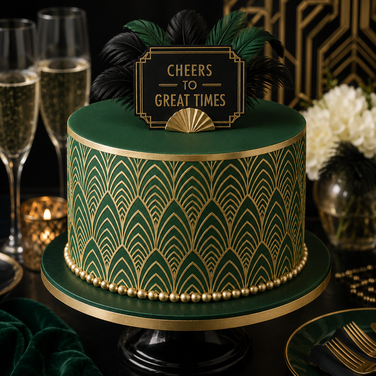 Green and gold cake with 'Cheers to Great Times' topper, surrounded by champagne glasses and decorative elements.