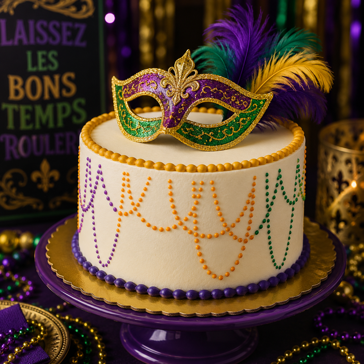 Decorative cake with a Mardi Gras mask on top, surrounded by festive decorations.