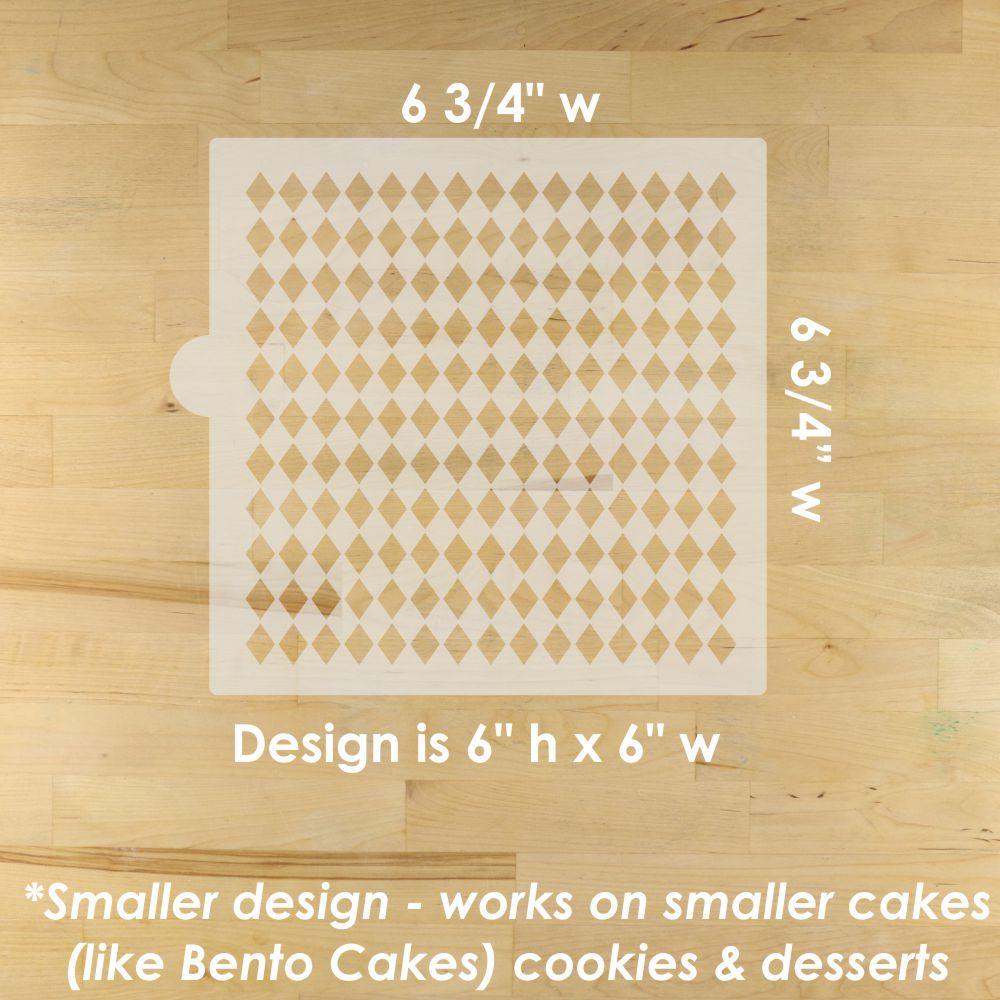 Stencil with harlequin diamond pattern cake stencil on a wooden surface, showing dimensions and design size.