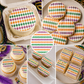 Collage of cookies with colorful diamond patterns on various desserts.