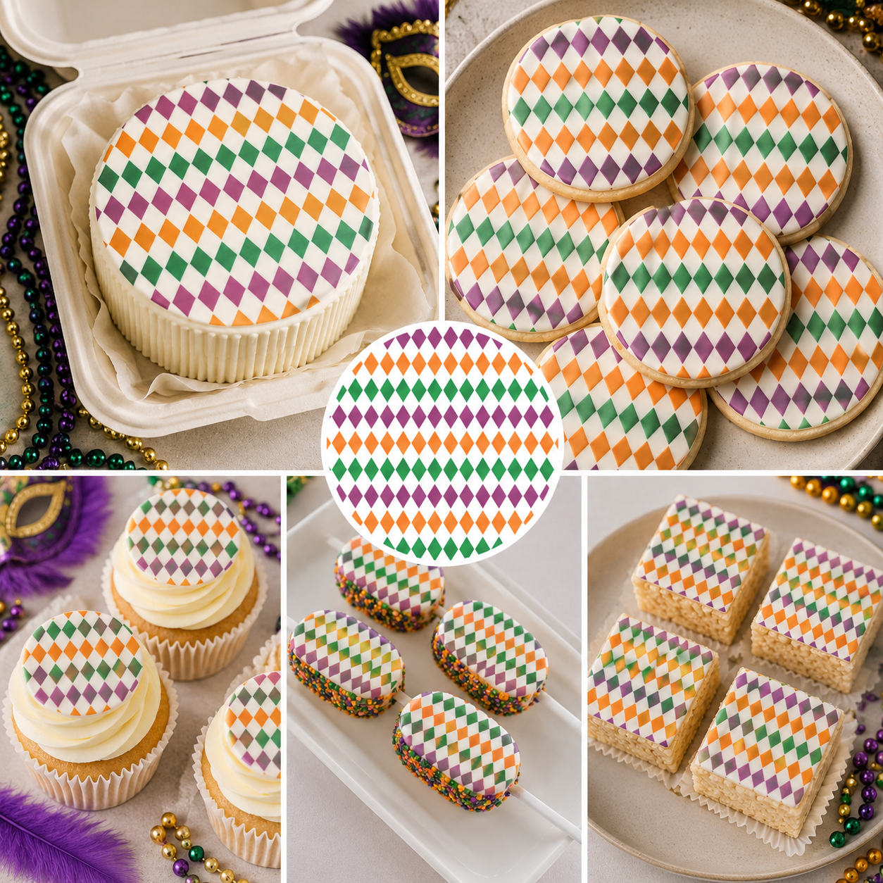 Collage of cookies with colorful diamond patterns on various desserts.