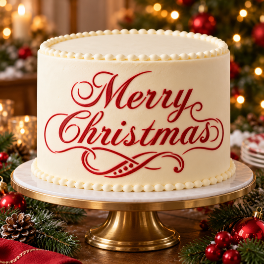 A round white frosted cake with red 'Merry Christmas' script decoration, displayed on a gold and white pedestal stand in a festive holiday setting with blurred Christmas trees and ornaments.