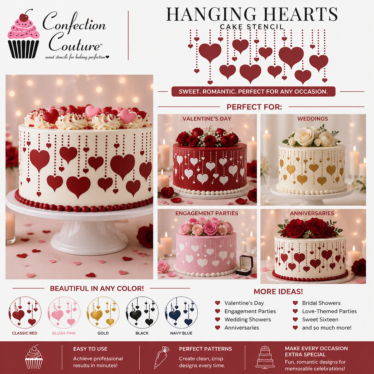 Collage of cake images that used the Hanging Hearts cake stencil 