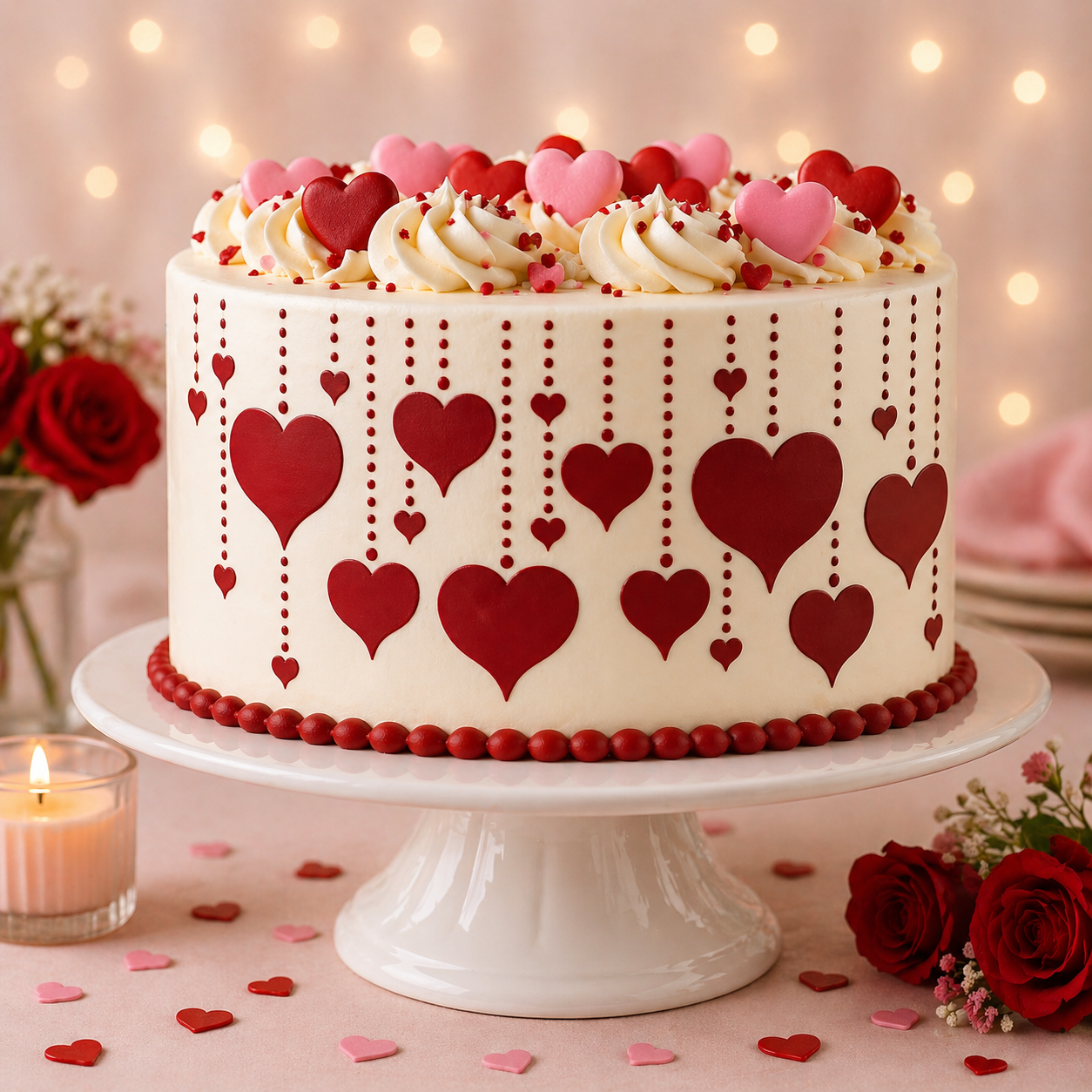Hanging Hearts Cake Stencil applied to the side of a white iced cake