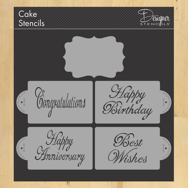 Large Script Celebration Cake Stencil Set featuring Congratulations, Happy Birthday, Happy Anniversary, Best Wishes.