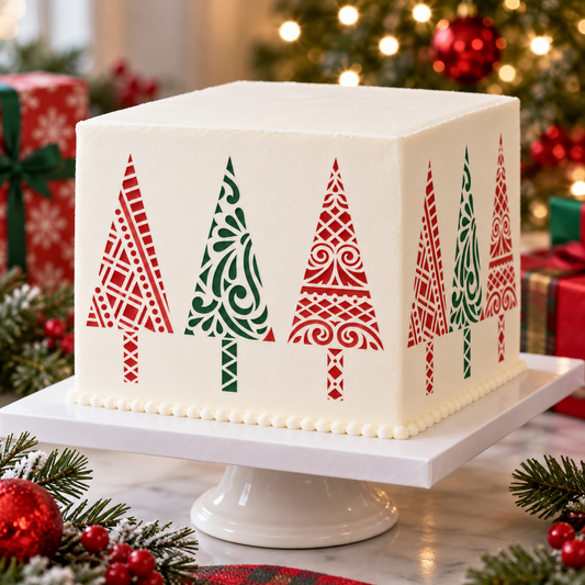 Modern Christmas Trees Cake Stencil Side by Designer Stencils