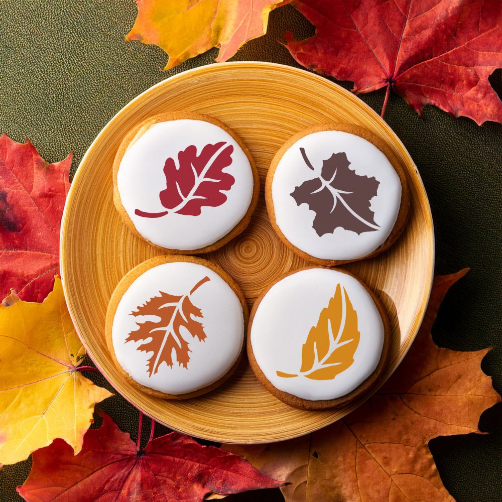 Round Cookies for Fall Using the Whole Leaves Round Cookie Stencil Sets by Designer Stencils