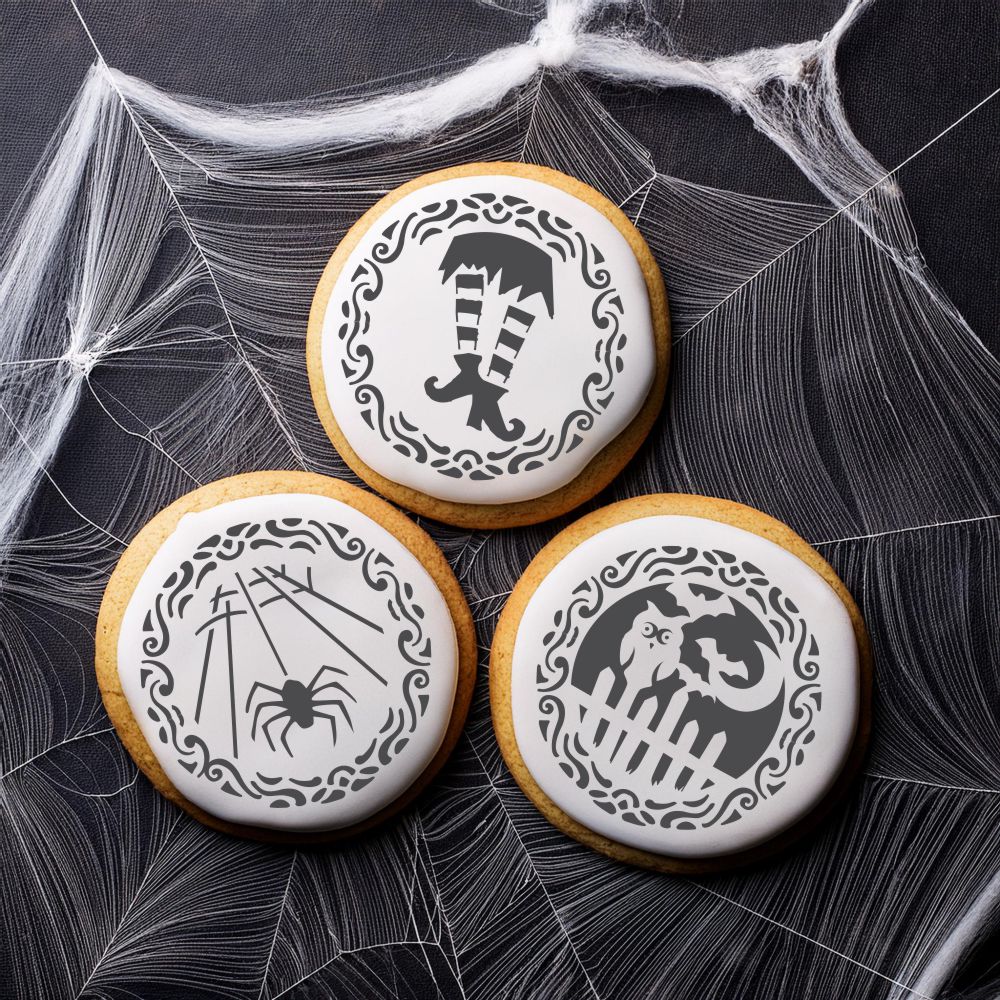 Whimsical Halloween Round Cookies on a cobweb background
