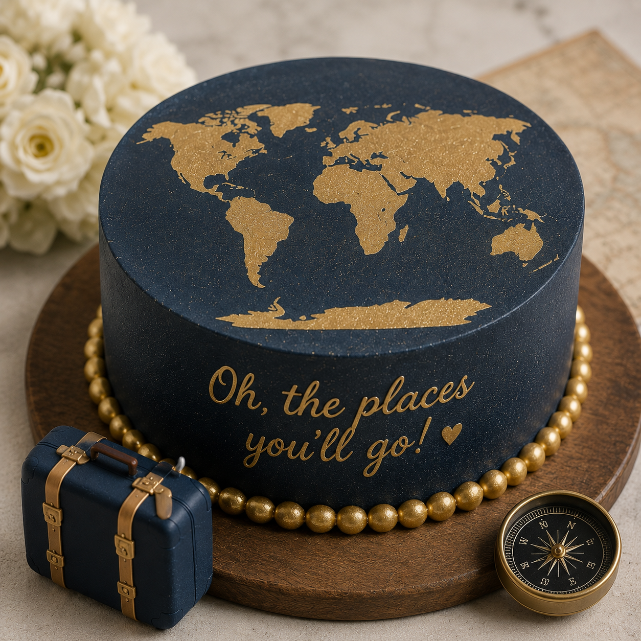 Cake with "Oh the Places You'll Go" written on it and stenciled on top with the world map cake stencil