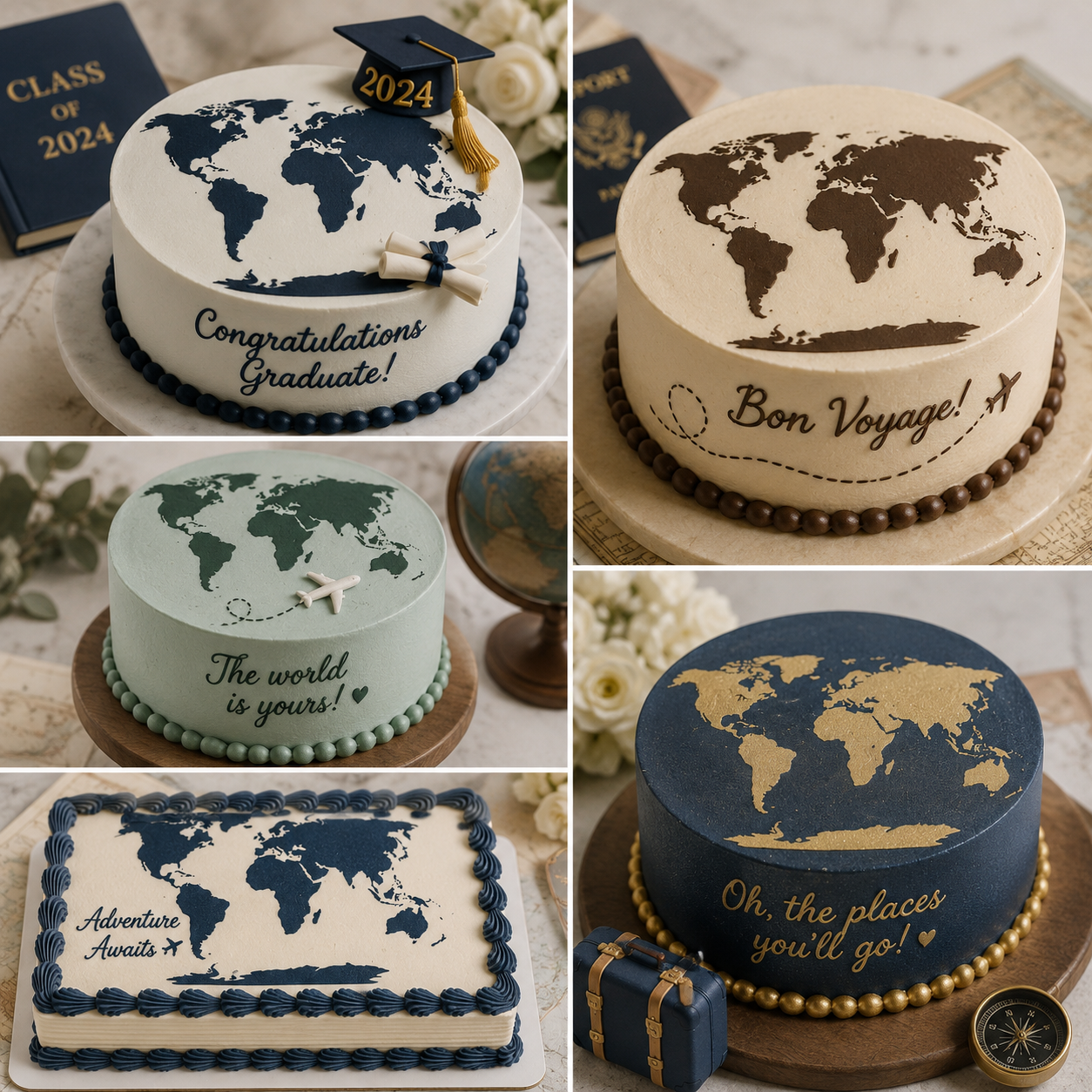 Design collage showing how the world map cake stencil can be used for different occasions.