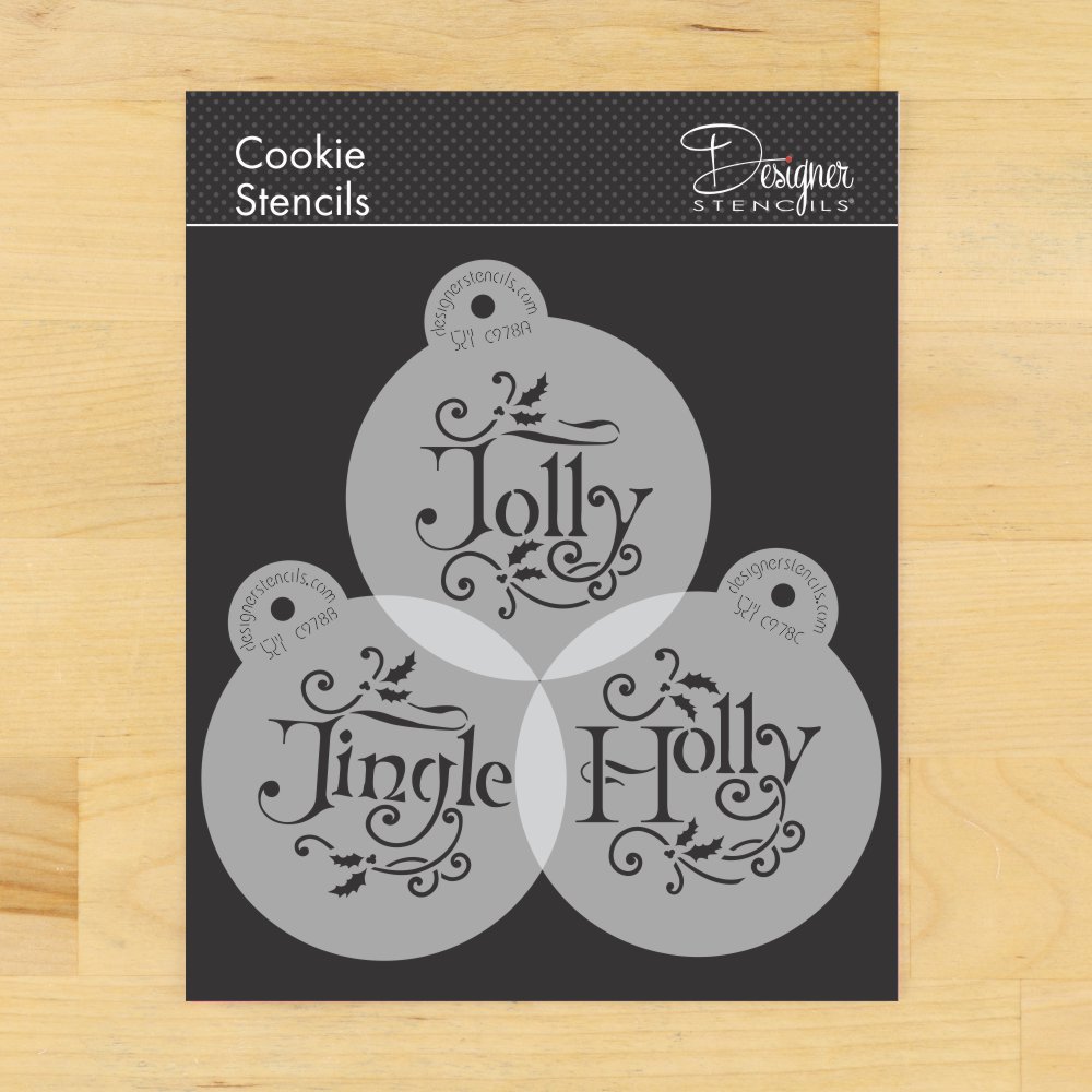 Set of cookie stencils with 'Jolly', 'Jingle', and 'Holly' text on a black card.