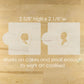 Two small stencil templates with silhouette designs on a wooden surface, with measurements and text about their use.