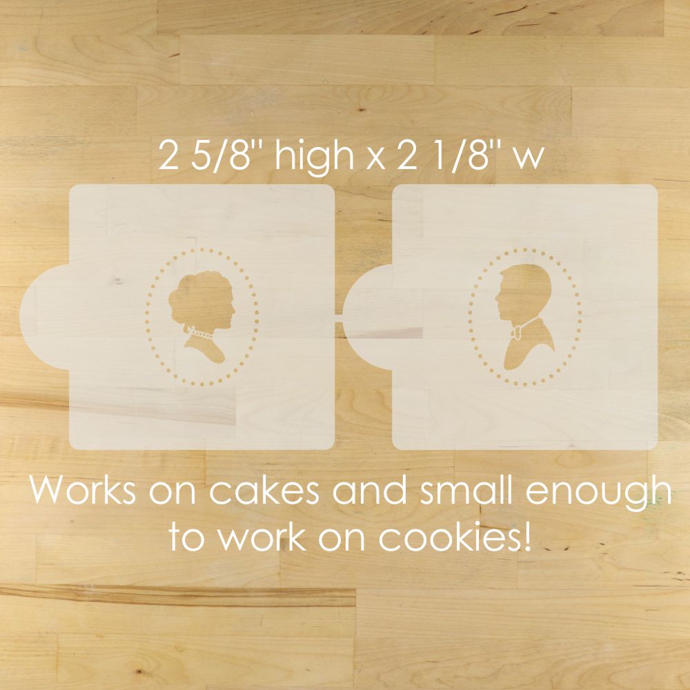 Two small stencil templates with silhouette designs on a wooden surface, with measurements and text about their use.