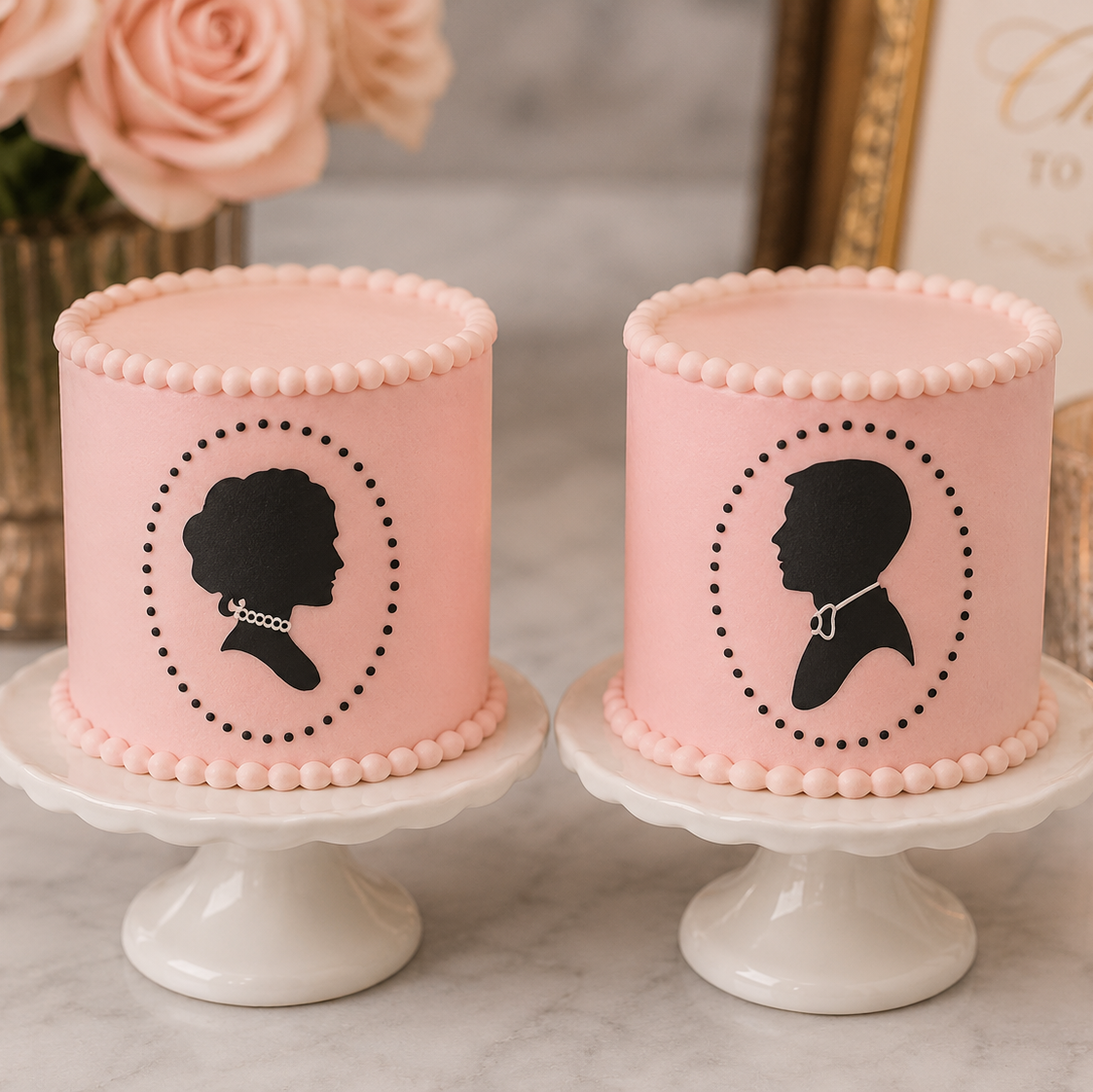 Two pink silhouette cakes on white stands with decorative elements.