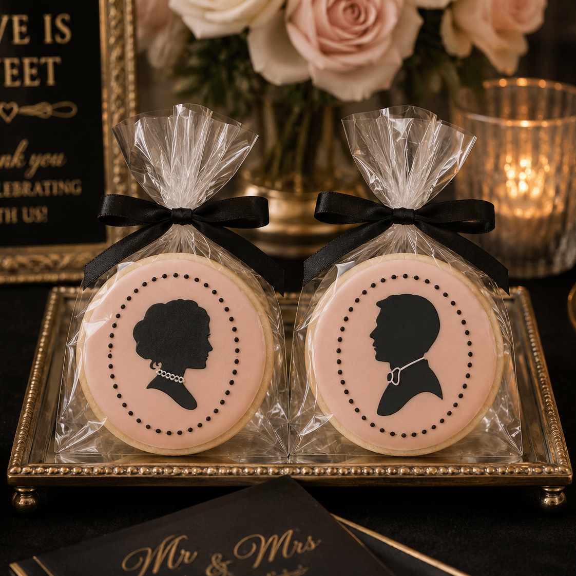 Two cookies with silhouette designs in clear packages on a decorative table with flowers and candles.