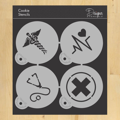 Medical Symbols Cookie Stencil Set featuring caduceus, heart rate, stethoscope, and medical cross designs.