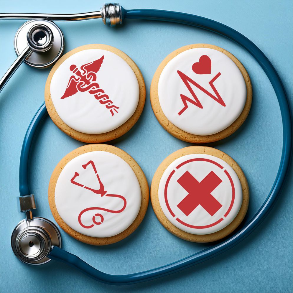 Medical symbols cookie stencil set featuring stethoscope, heart beat, and caduceus designs on iced cookies.