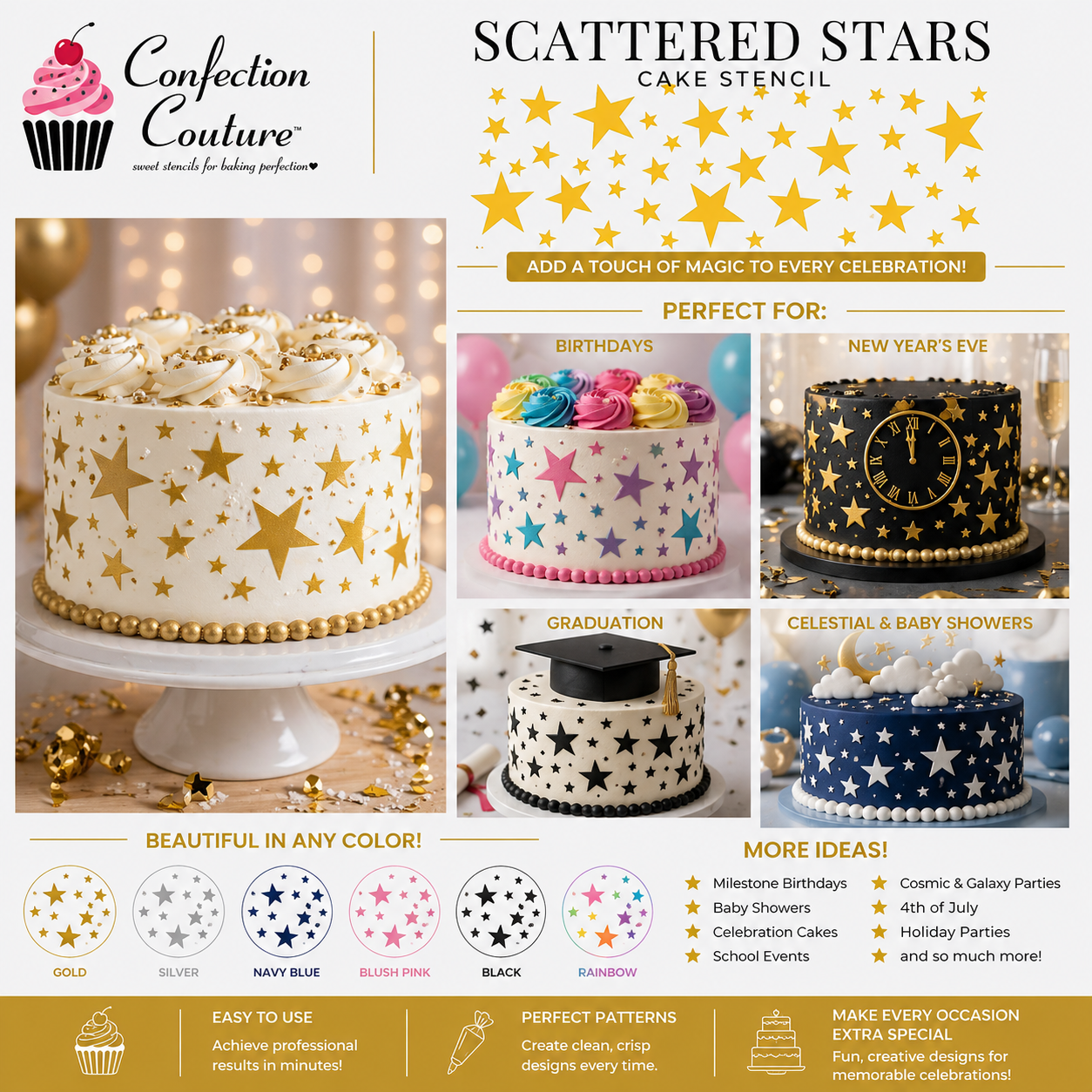 Collage on different ways the Scattered Stars Cake Stencil 