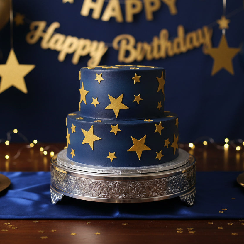 Scattered Stars applied to the sides of a navy blue cake at a celestial theme bir