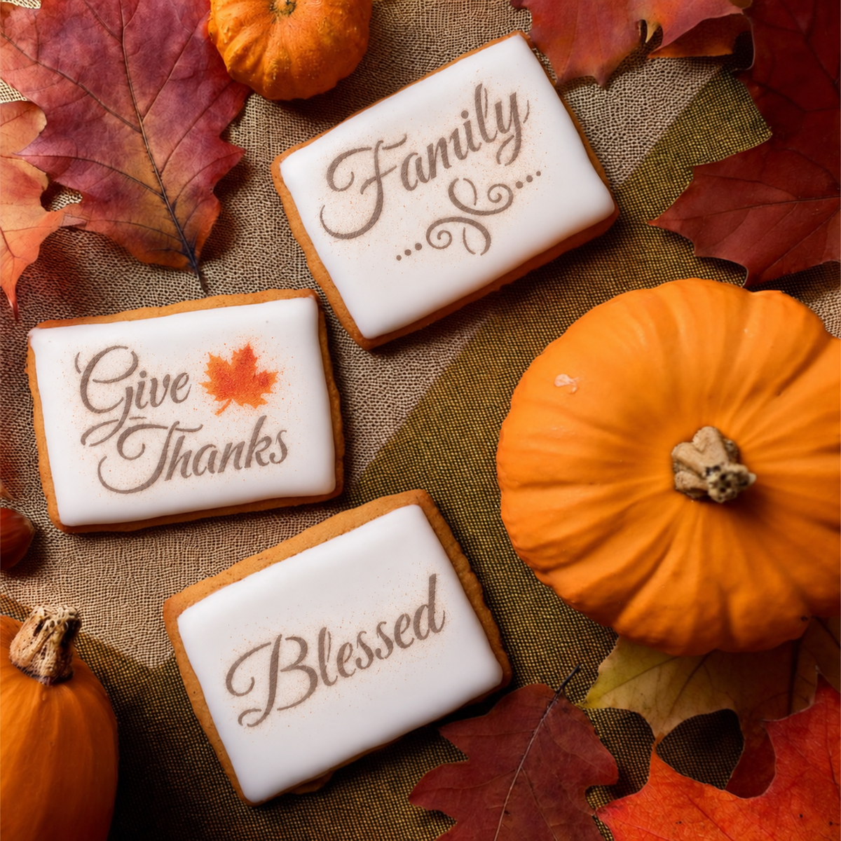 Three rectangular sugar cookies decorated with white icing and autumn-themed words and graphics, arranged on a burlap surface with pumpkins and fall leaves. The cookies read 'Family,' 'Give Thanks,' and 'Blessed,' with one cookie featuring a small orange maple leaf.