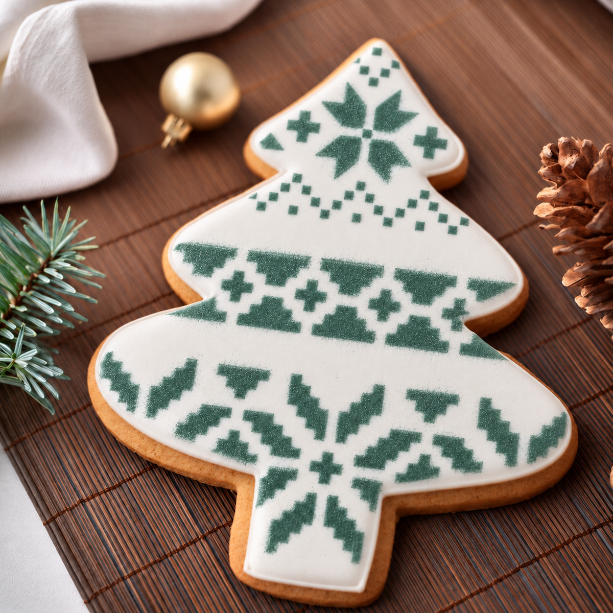 Fair Isle Patterns Cookie Stencil by Designer Stencils applied to a Christmas Tree Shaped cookie cutter using an airbrush and food-safe colorants.