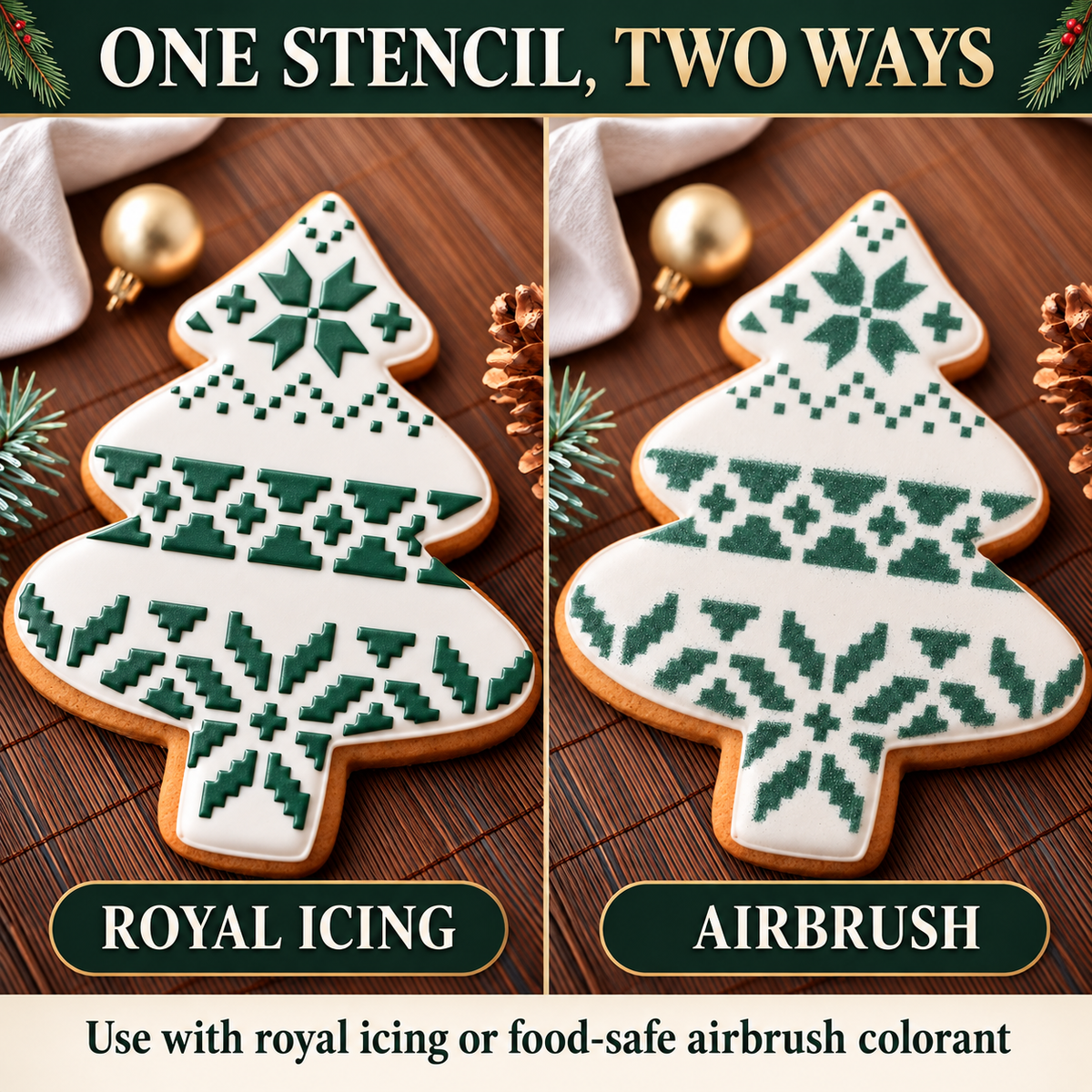 Image showing ways that customers can use the Fair Isle Patterns Cookie Stencil by Designer Stencils.