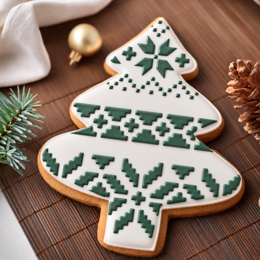 Fair Isle Patterns Cookie Stencil by Designer Stencils applied to a cookie shaped like a Christmas Tree using royal icing.