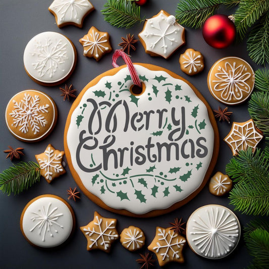 Merry Christmas Holly Ornament Cookie Stencil by Designer Stencils