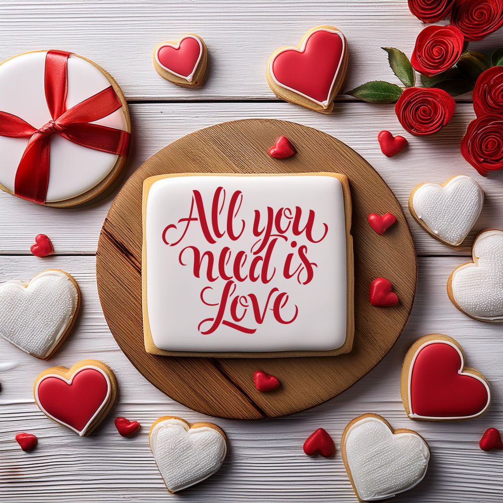 Square Valentine's Day Cookie using our All You Need Is Love Cookie Stencil by Designer Stencils