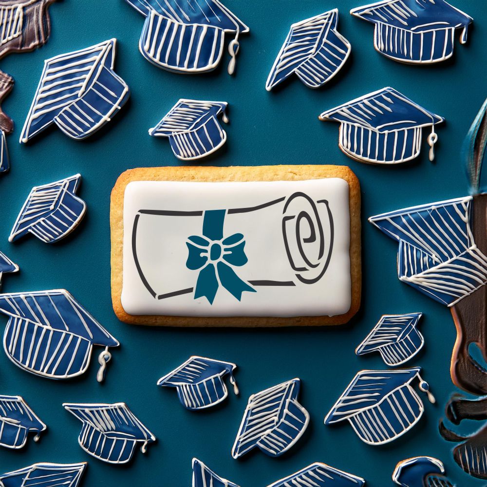 Graduation Cookie featuring the Diploma Cookie Stencil by Designer Stencils