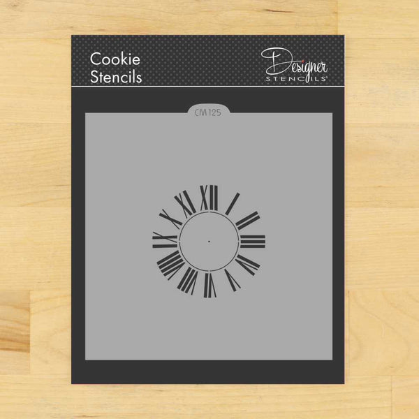 small-clock-with-roman-numerals-cookie-stencil-designer-stencils-confection-couture-stencils
