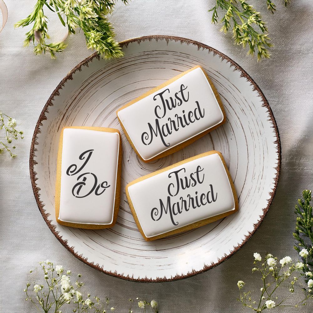 Wedding cookies with I Do stencils applied to the top