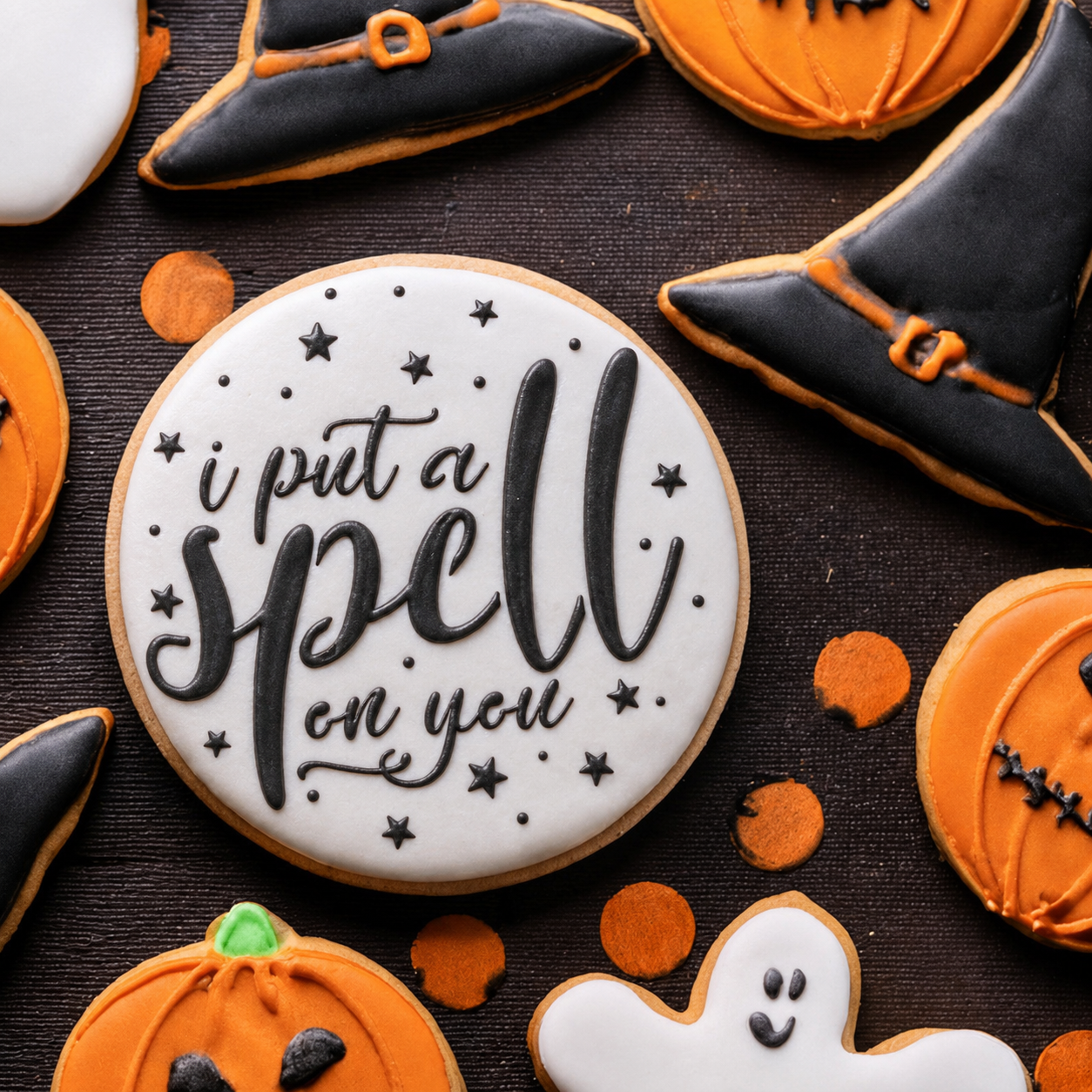 A styled flat-lay of Halloween-themed sugar cookies on a dark surface, featuring a round white cookie with black script reading 'i put a spell on you,' black witch hat cookies, orange pumpkin cookies, a ghost cookie, and orange confetti.